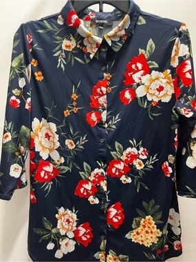 Ups & Downs Navy Button-Down Floral Shirt - Red & Cream Blooms